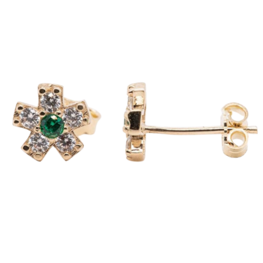 Green colored Cubic Zirconia pushback 14KT yellow gold earrings from the side