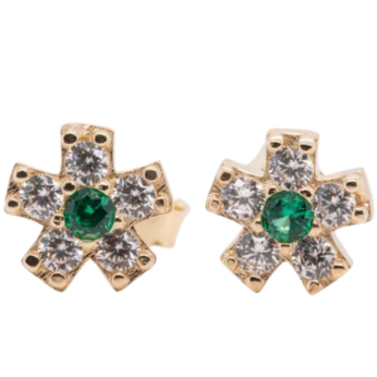 Green colored Cubic Zirconia pushback 14KT yellow gold earrings from the front 