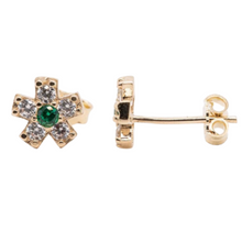 Load image into Gallery viewer, Green colored Cubic Zirconia pushback 14KT yellow gold earrings from the side
