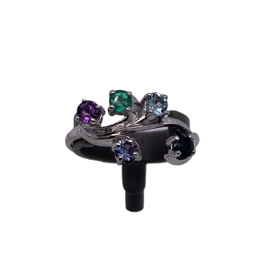 white 14 Karat Gold ring with five birthstones. Customization is available for the type of gold and birthstones.