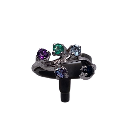 white 14 Karat Gold ring with five birthstones. Customization is available for the type of gold and birthstones.