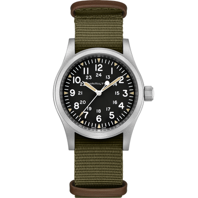 Hamilton Khaki Field Mechanical watch 38mm stainless steel case with green strap. Model H69439931