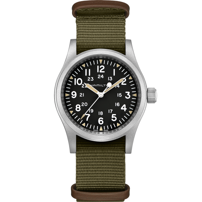 Hamilton Khaki Field Mechanical watch 38mm stainless steel case with green strap. Model H69439931