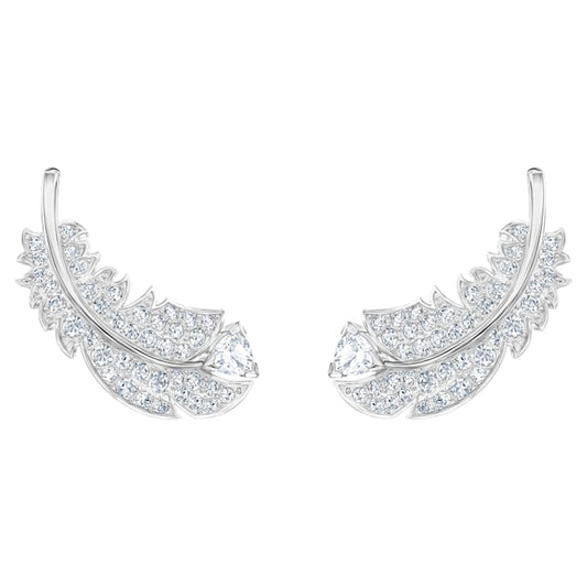 Swarovski Nice Feather Stud Pierced Earrings for Women, Pair of White Crystal Studs with Rhodium Tone Plating 5482912