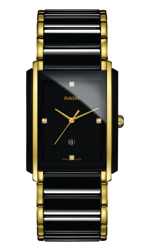 Rado watch  gold and black stainless steel bracelet black dial with date tracker and 4 diamond display. Model R20204712