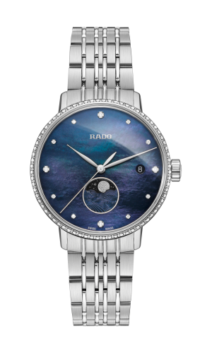 Rado watch stainless steel bracelet, mother of pearl blue face with moon and date trackers, model R22882903