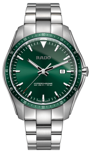 Rado Hyperchrome watch stainless steel bracelet with green dial, date tracker. Model R32502313