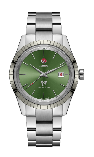 Rado Golden Horse 42mm men's watch stainless steel bracelet with green dial and date tracker. Model R33101314