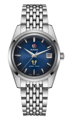 golden Horse Rado 37mm case blue dial with date tracker stainless steel bracelet model R33930203