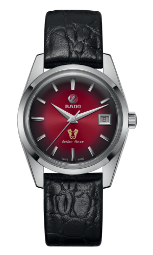 Rado golden horse with leather strap and red dial along with date tracker. Model R33930355